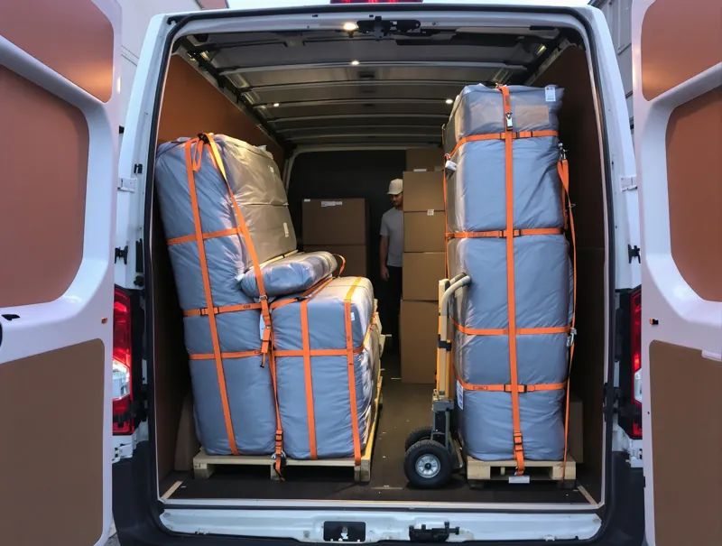 Laderaum eines Transporters mit verzurrten, in Decken verpackten Möbeln